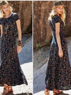 Peruvian Connection Arabesque T-Shirt Maxi Dress Pima Cotton Modal Floral Sz M